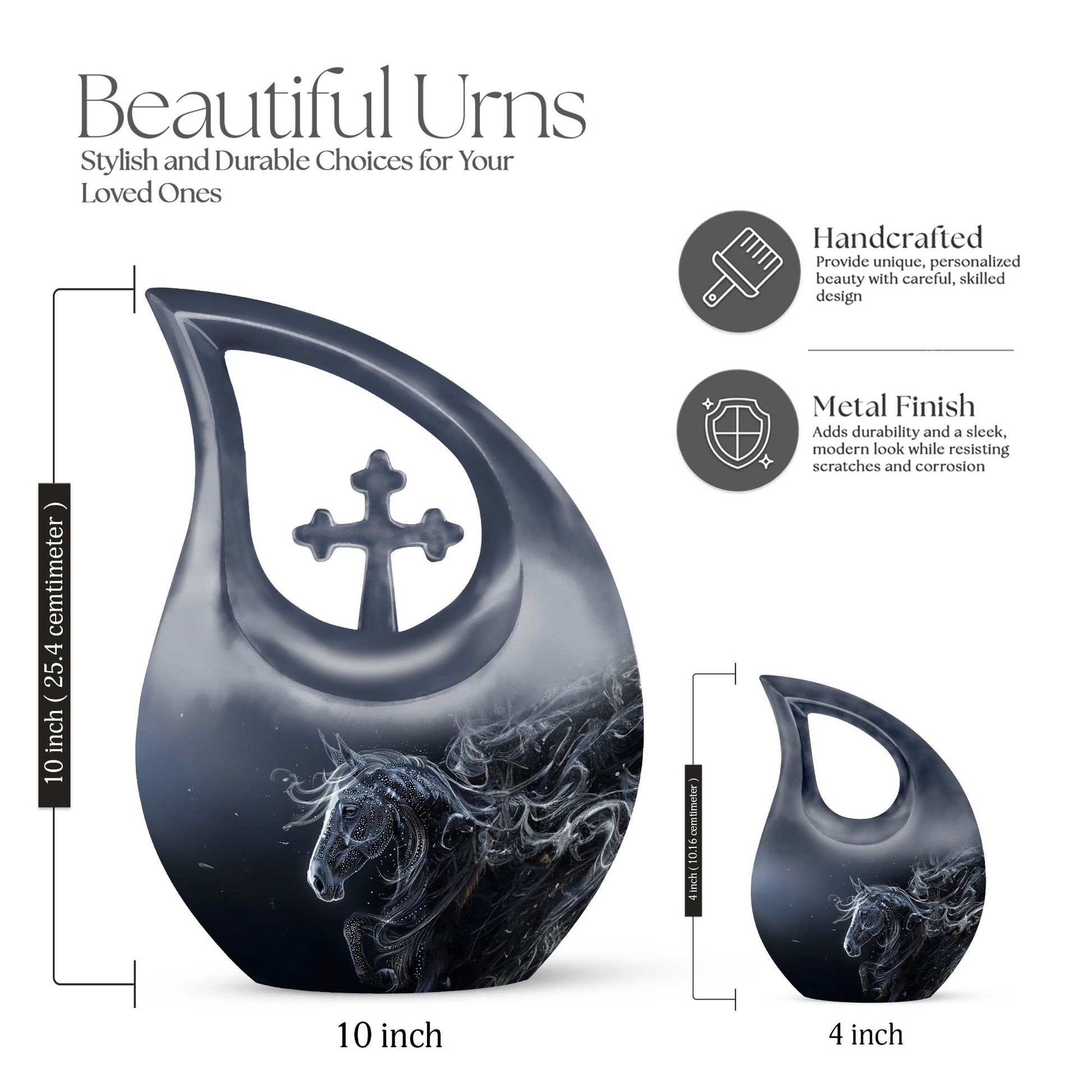 10-inch Horse-themed Large Cremation Urn with Cross