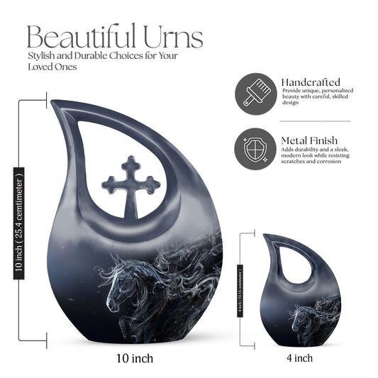 10-inch Horse-themed Large Cremation Urn with Cross