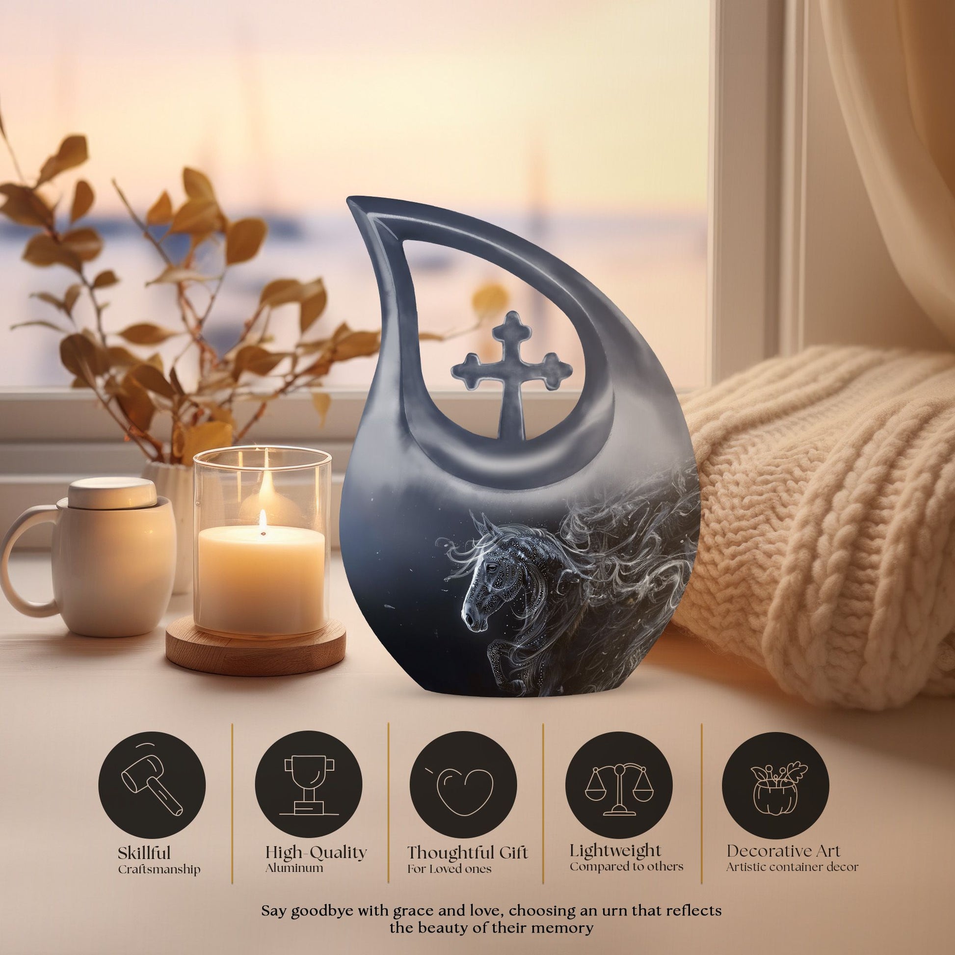 10-inch Horse-themed Large Cremation Urn with Cross