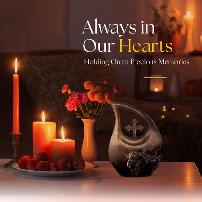 10-inch Horse-themed Large Cremation Urn with Cross