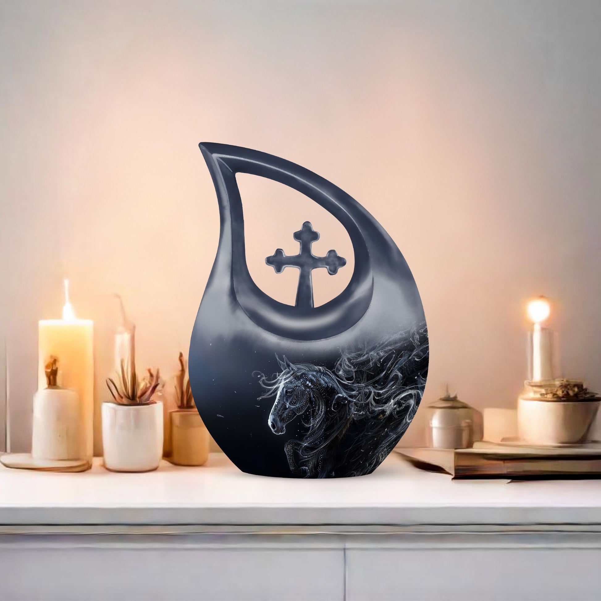 10-inch Horse-themed Large Cremation Urn with Cross