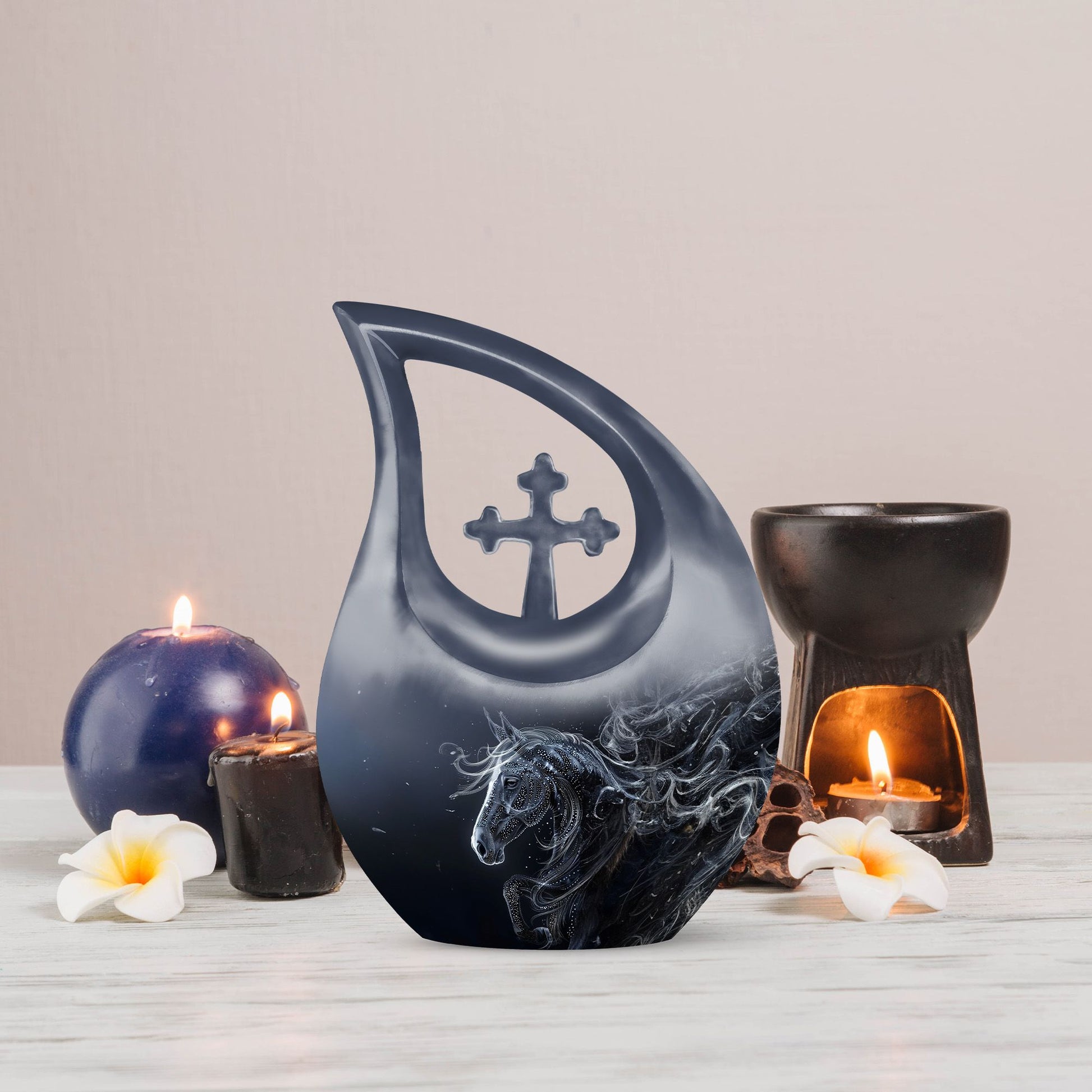 10-inch Horse-themed Large Cremation Urn with Cross