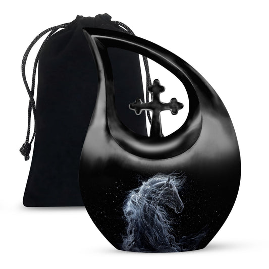 10-inch horse-themed Cross Drop customized urn 
