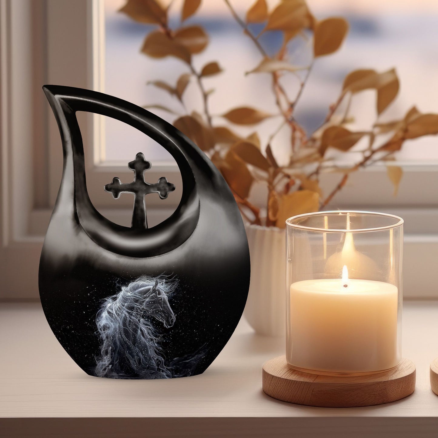 10-inch horse-themed Cross Drop customized urn 