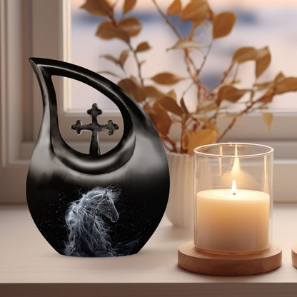 10-inch horse-themed Cross Drop customized urn 
