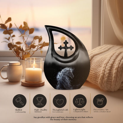 10-inch horse-themed Cross Drop customized urn 