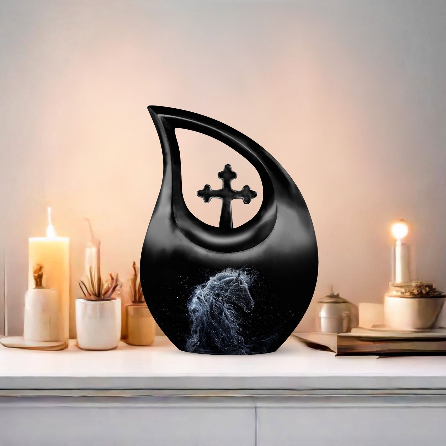 10-inch horse-themed Cross Drop customized urn 