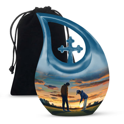 10-inch Golf themed Cross Drop design, Aluminum memorial urn with personal engraving