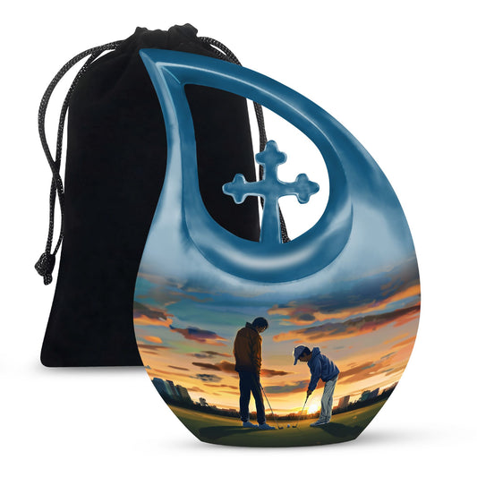 10-inch Golf themed Cross Drop design, Aluminum memorial urn with personal engraving