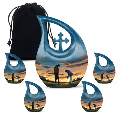 10-inch Golf themed Cross Drop design, Aluminum memorial urn with personal engraving