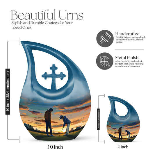 10-inch Golf themed Cross Drop design, Aluminum memorial urn with personal engraving