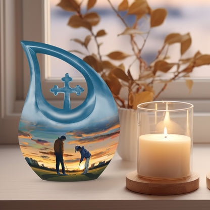 10-inch Golf themed Cross Drop design, Aluminum memorial urn with personal engraving
