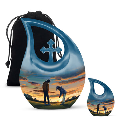 10-inch Golf themed Cross Drop design, Aluminum memorial urn with personal engraving