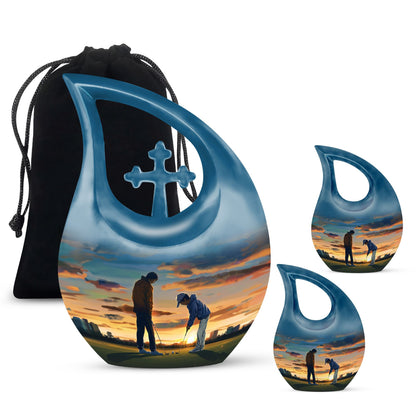 10-inch Golf themed Cross Drop design, Aluminum memorial urn with personal engraving