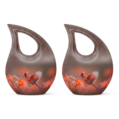 Large 10-inch Cardinal Bird themed Cross Drop Urn Vase for memorial purposes