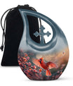 10 Inch Cardinal Bird Themed Cross Drop Keepsake Urn, Personalizable, with Velvet Pouch
