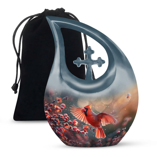 10 Inch Cardinal Bird Themed Cross Drop Keepsake Urn, Personalizable, with Velvet Pouch