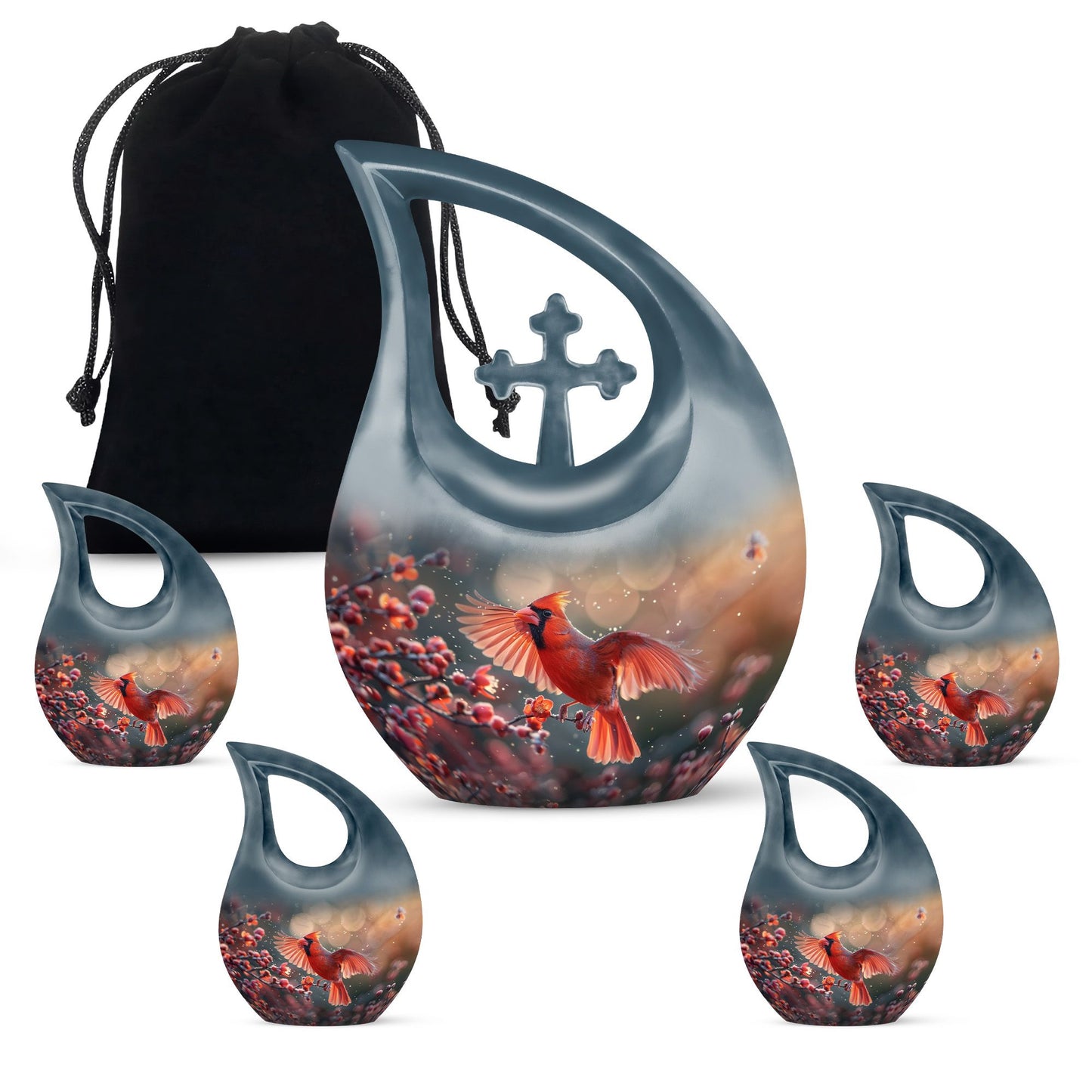 10 Inch Cardinal Bird Themed Cross Drop Keepsake Urn, Personalizable, with Velvet Pouch
