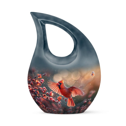10 Inch Cardinal Bird Themed Cross Drop Keepsake Urn, Personalizable, with Velvet Pouch