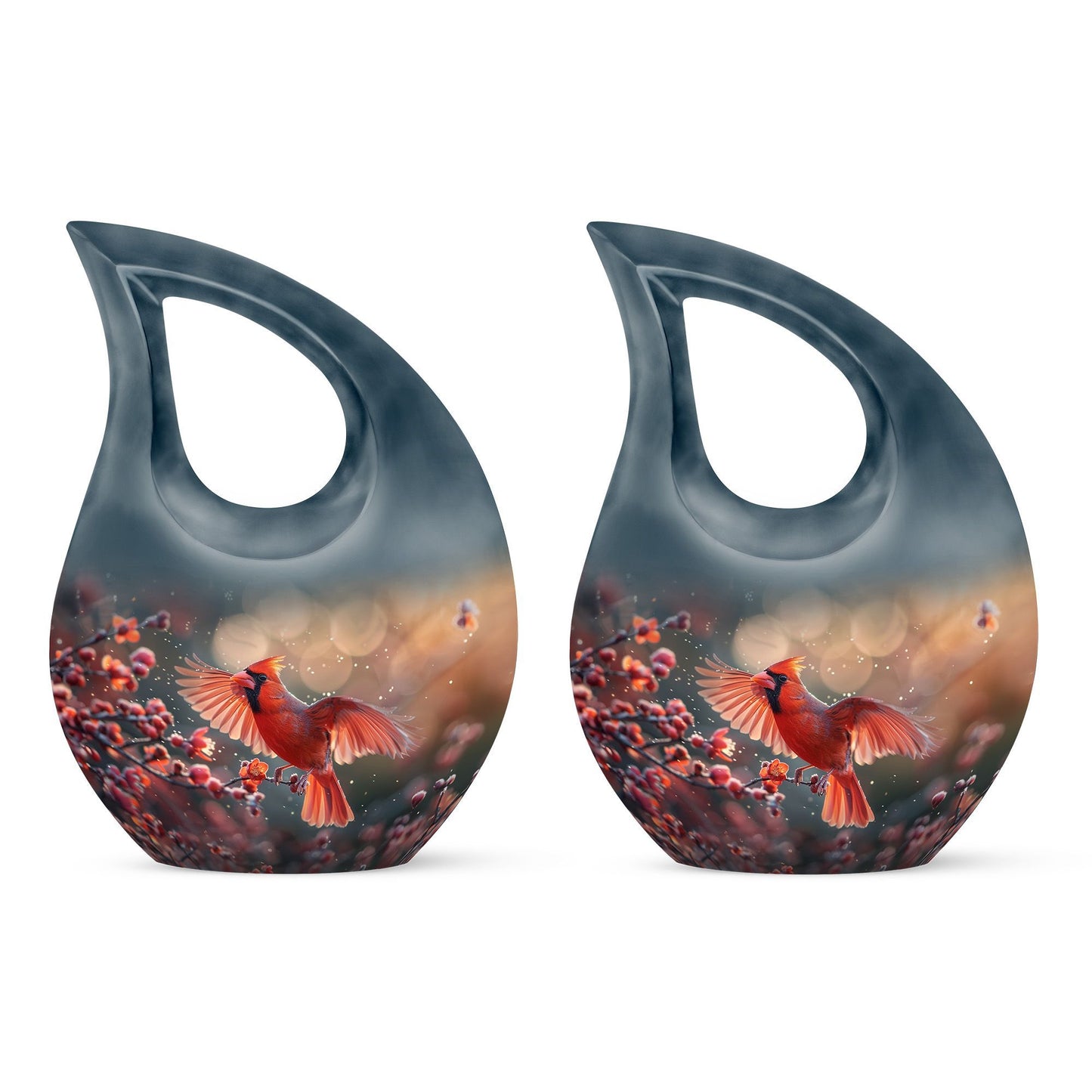 10 Inch Cardinal Bird Themed Cross Drop Keepsake Urn, Personalizable, with Velvet Pouch