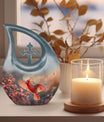 10 Inch Cardinal Bird Themed Cross Drop Keepsake Urn, Personalizable, with Velvet Pouch