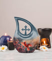 10 Inch Cardinal Bird Themed Cross Drop Keepsake Urn, Personalizable, with Velvet Pouch