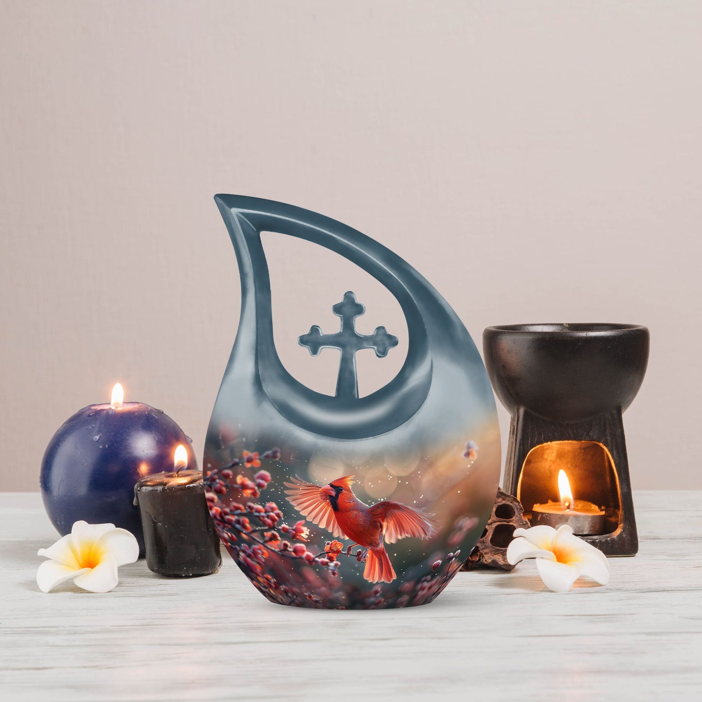 10 Inch Cardinal Bird Themed Cross Drop Keepsake Urn, Personalizable, with Velvet Pouch