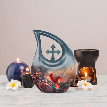10 Inch Cardinal Bird Themed Cross Drop Keepsake Urn, Personalizable, with Velvet Pouch