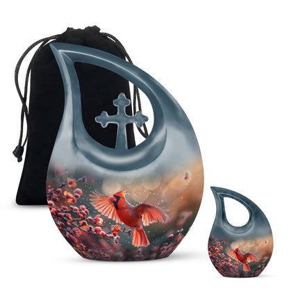 10 Inch Cardinal Bird Themed Cross Drop Keepsake Urn, Personalizable, with Velvet Pouch