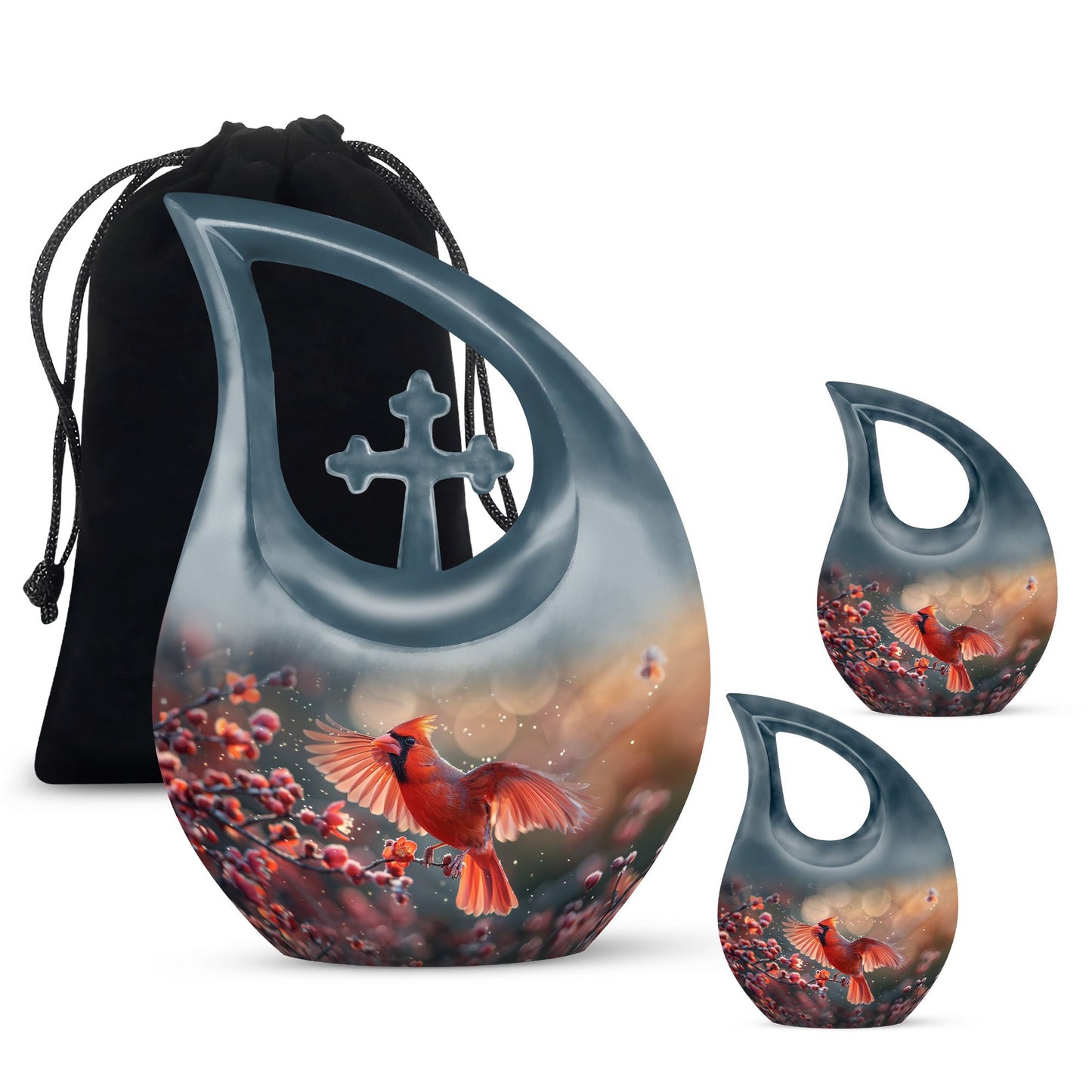 10 Inch Cardinal Bird Themed Cross Drop Keepsake Urn, Personalizable, with Velvet Pouch