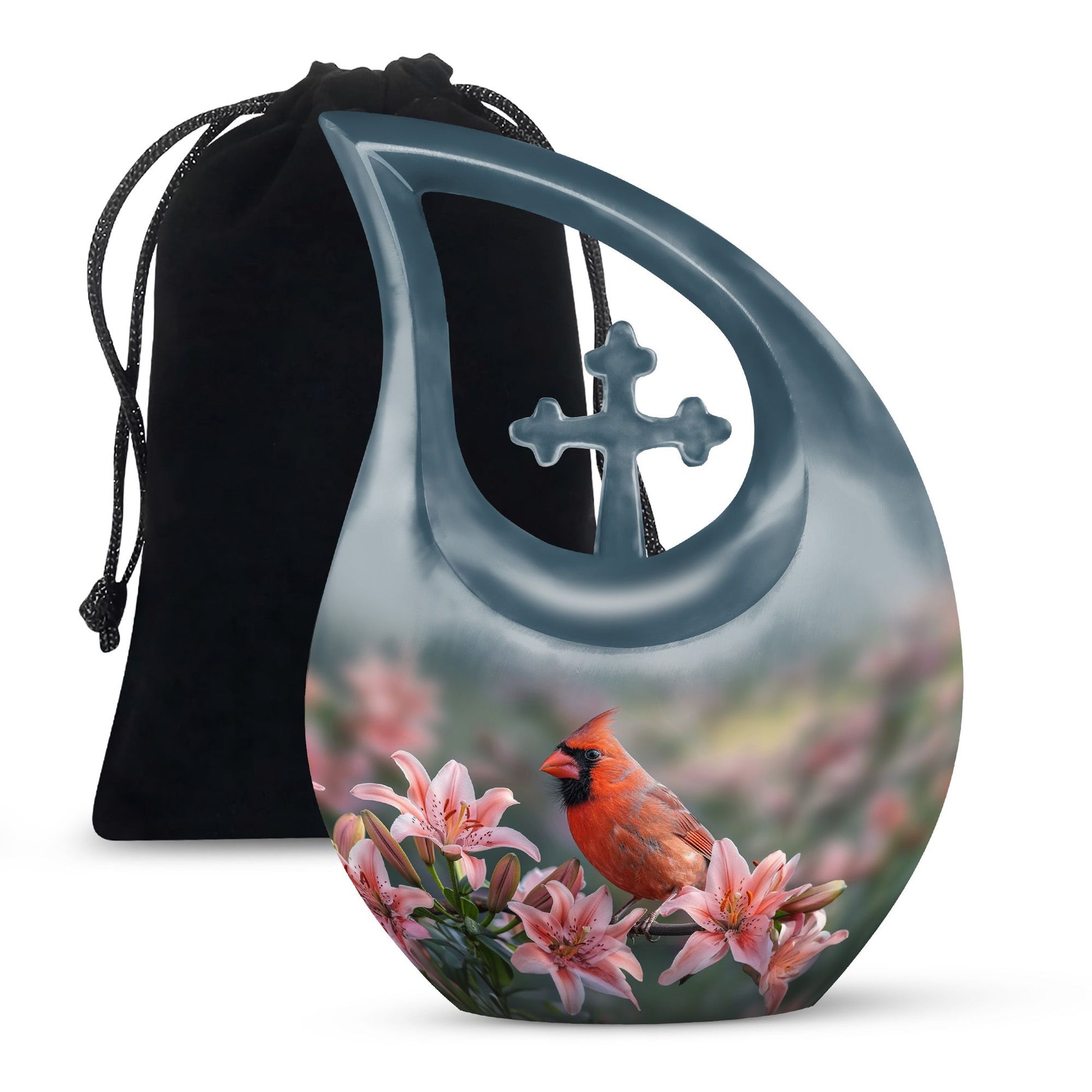10-inch Cardinal Bird Urn with Cross Drop design, suitable for human ashes