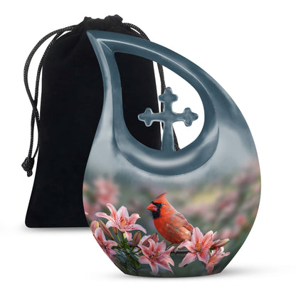 10-inch Cardinal Bird Urn with Cross Drop design, suitable for human ashes