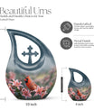 10-inch Cardinal Bird Urn with Cross Drop design, suitable for human ashes
