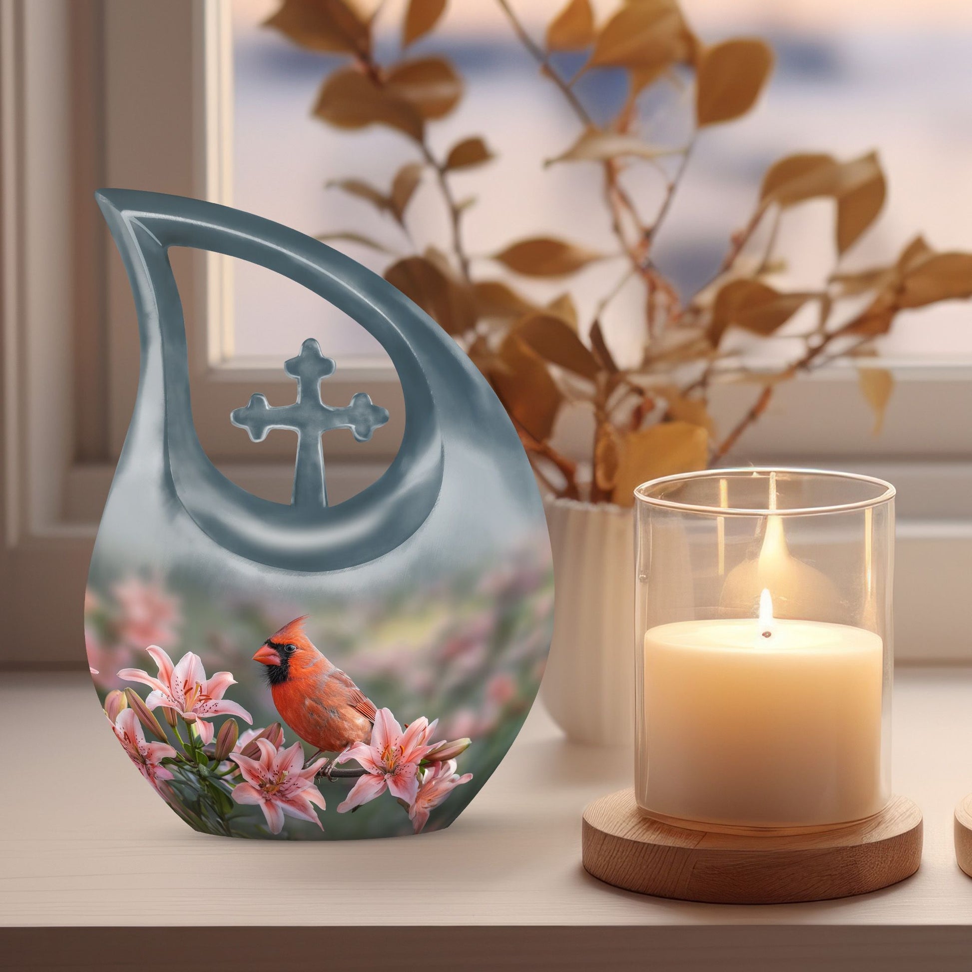 10-inch Cardinal Bird Urn with Cross Drop design, suitable for human ashes