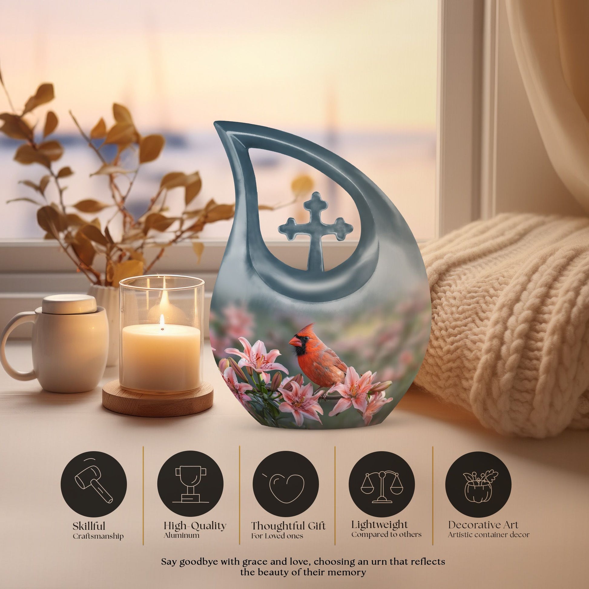 10-inch Cardinal Bird Urn with Cross Drop design, suitable for human ashes