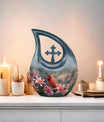 10-inch Cardinal Bird Urn with Cross Drop design, suitable for human ashes