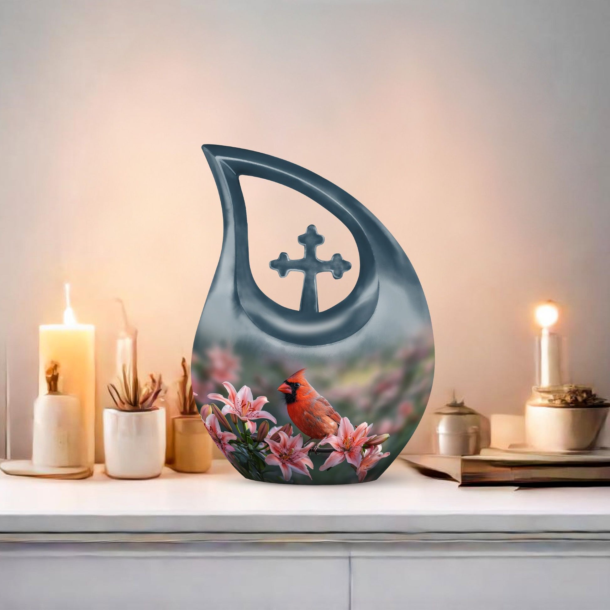 10-inch Cardinal Bird Urn with Cross Drop design, suitable for human ashes