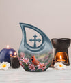 10-inch Cardinal Bird Urn with Cross Drop design, suitable for human ashes