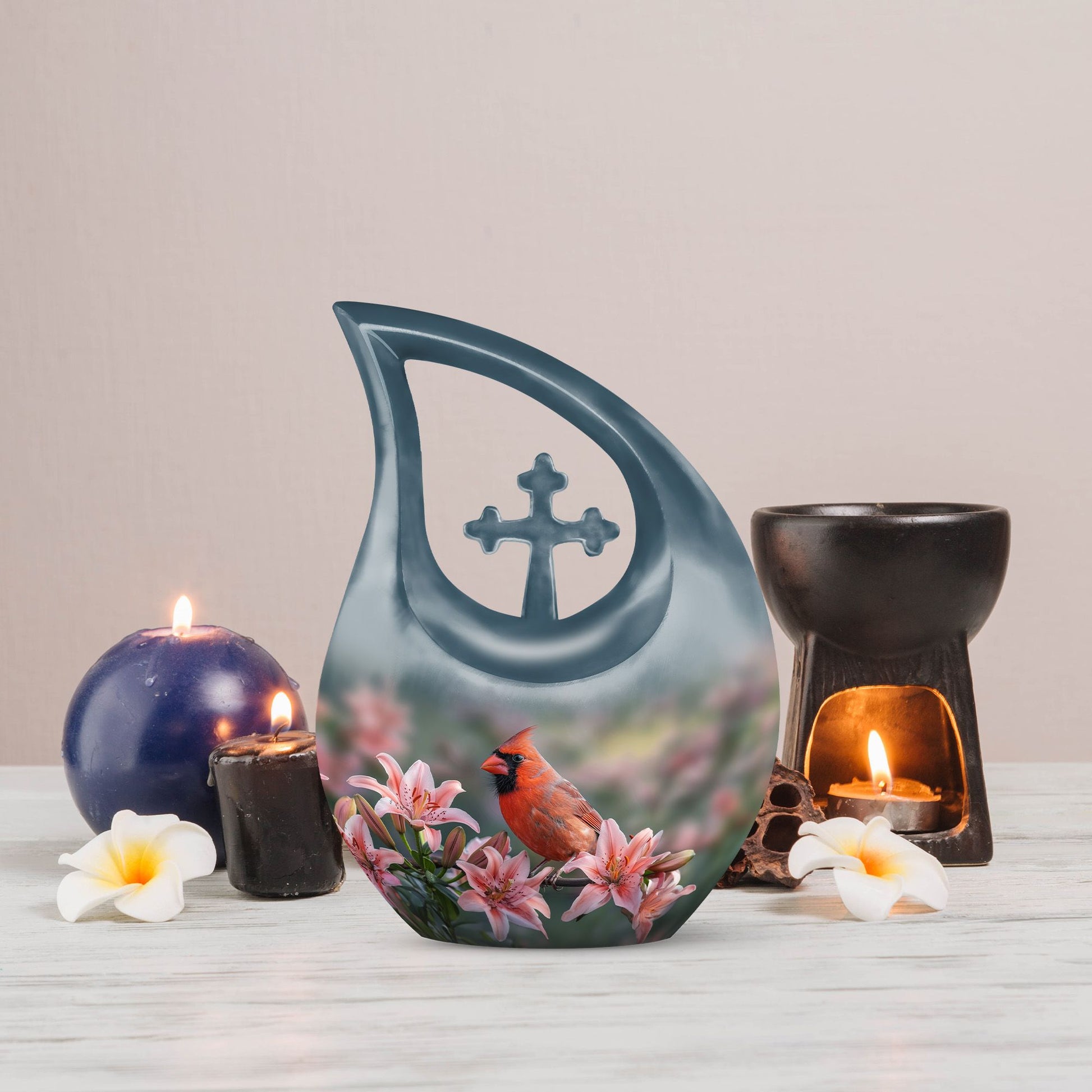 10-inch Cardinal Bird Urn with Cross Drop design, suitable for human ashes