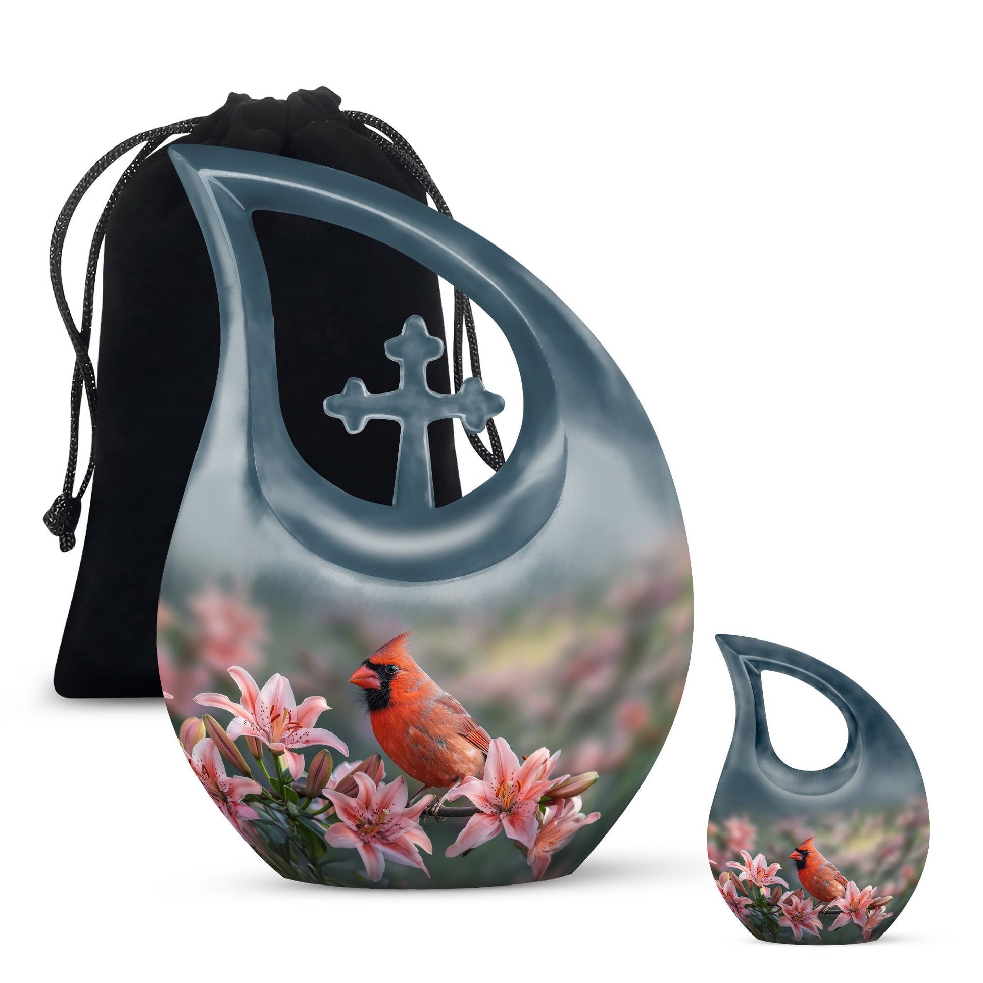 10-inch Cardinal Bird Urn with Cross Drop design, suitable for human ashes