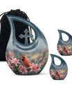 10-inch Cardinal Bird Urn with Cross Drop design, suitable for human ashes