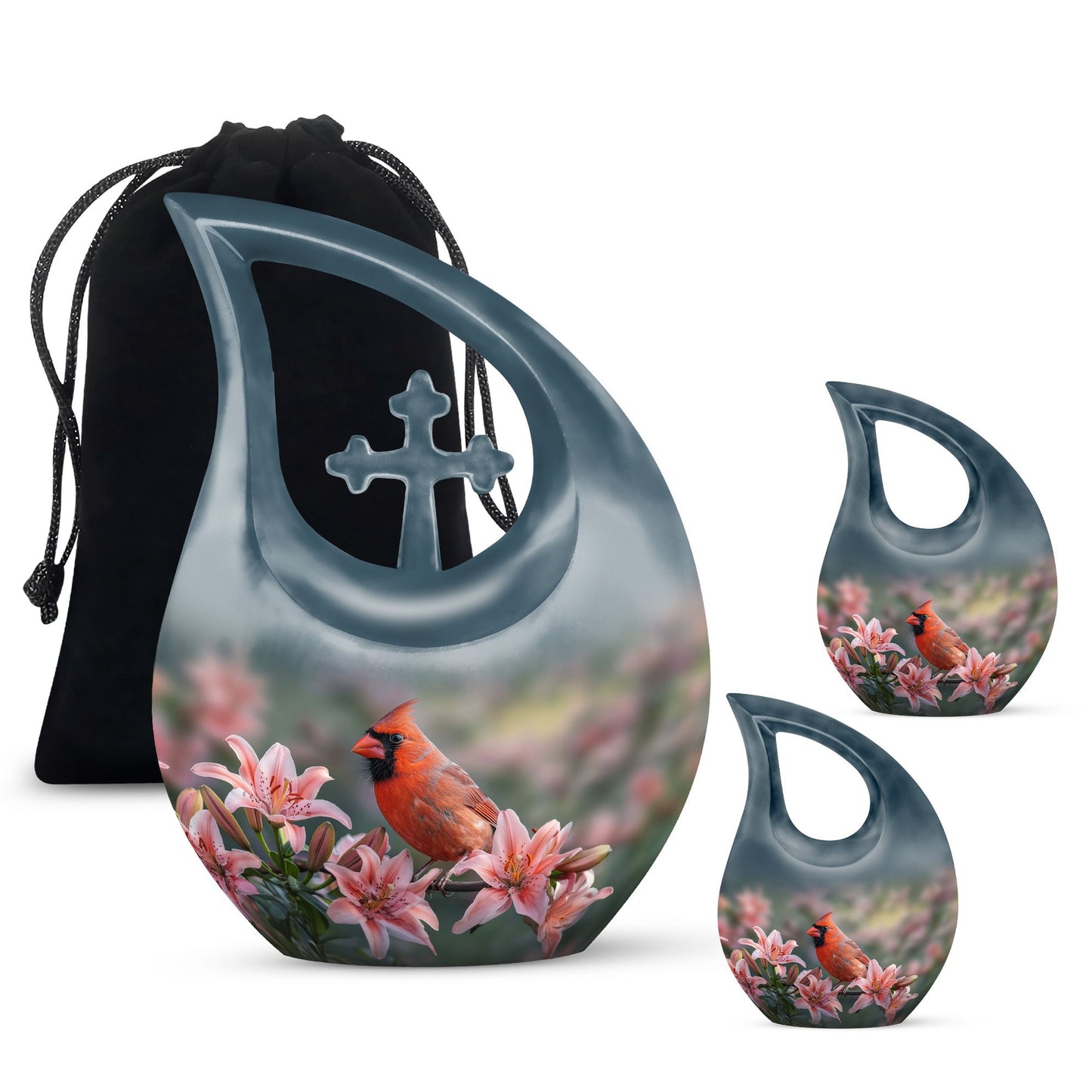 10-inch Cardinal Bird Urn with Cross Drop design, suitable for human ashes