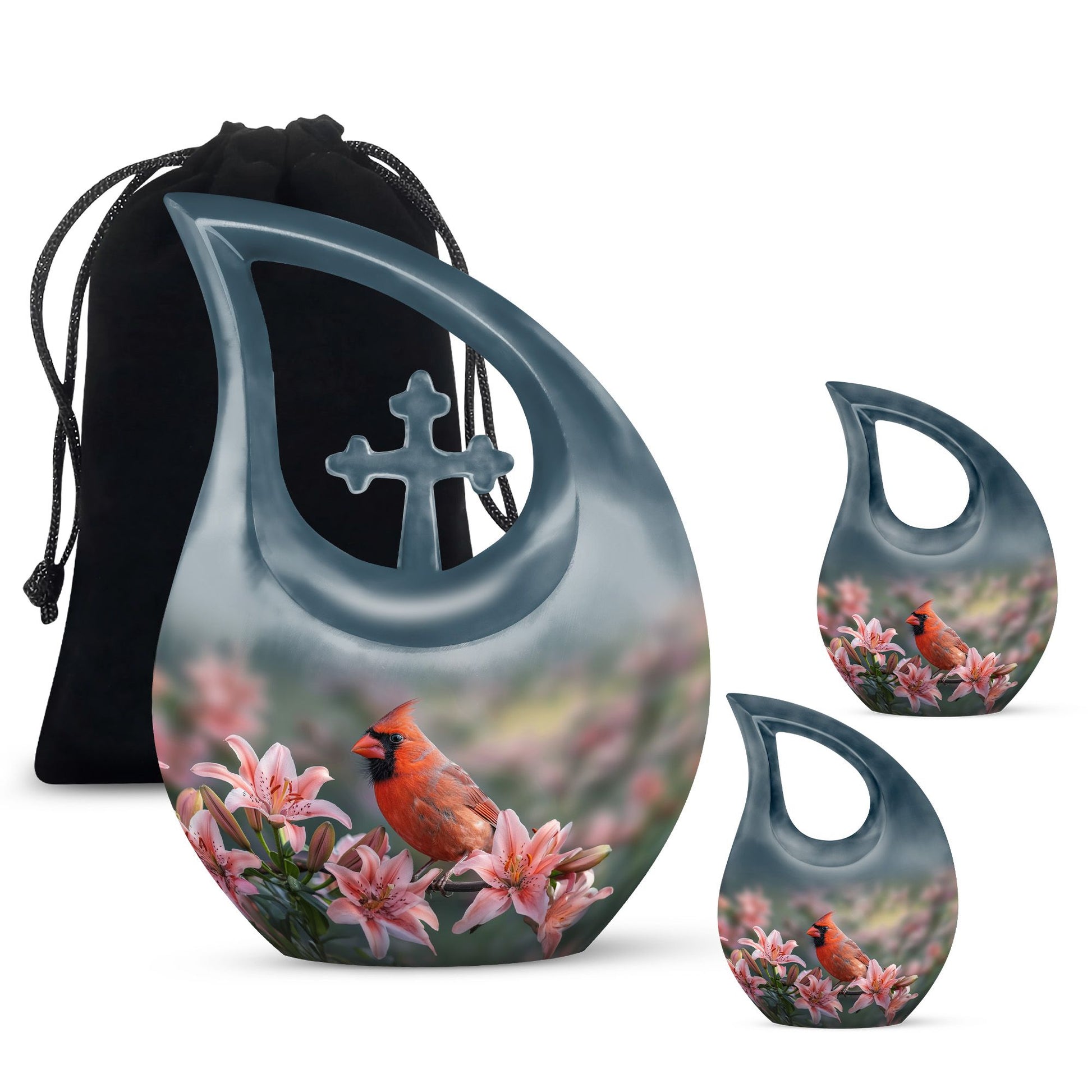 10-inch Cardinal Bird Urn with Cross Drop design, suitable for human ashes
