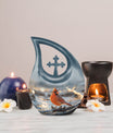 10-inch Cardinal Bird themed Cross Drop Cremation Urn with engraving option, crafted from Aluminium