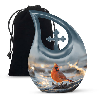 10-inch Cardinal Bird memorial urn with Cross Drop design for human ashes