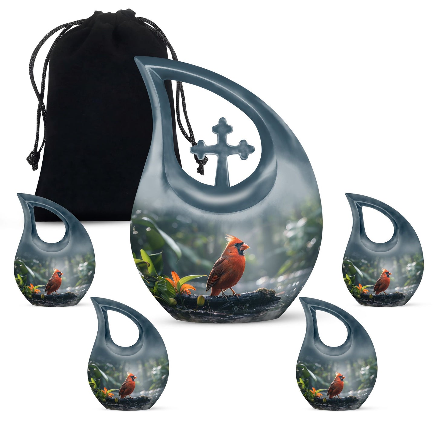 10-inch Cardinal Bird memorial urn with Cross Drop design for human ashes