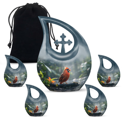 10-inch Cardinal Bird memorial urn with Cross Drop design for human ashes