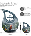 10-inch Cardinal Bird memorial urn with Cross Drop design for human ashes