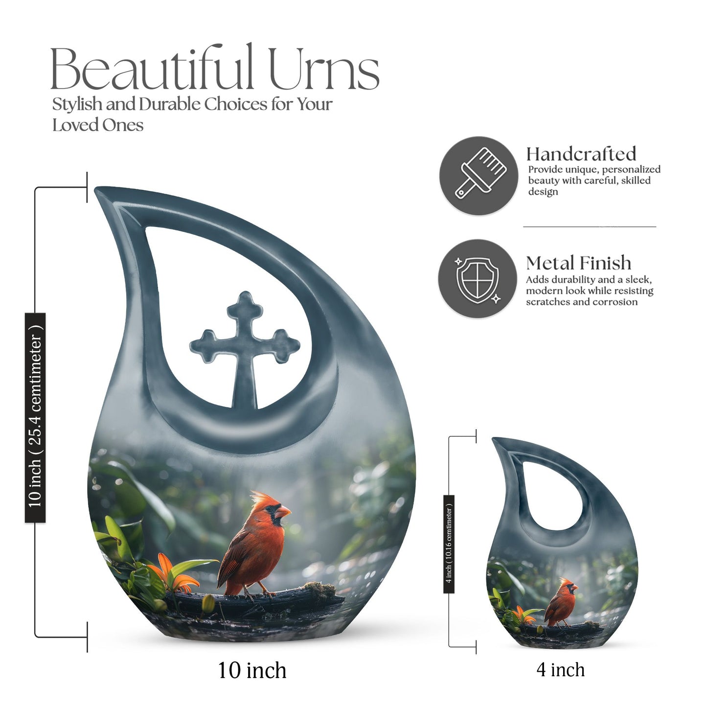 10-inch Cardinal Bird memorial urn with Cross Drop design for human ashes