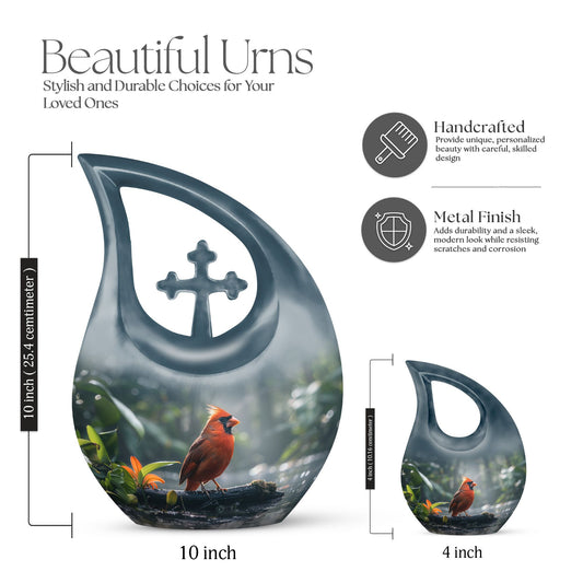 10-inch Cardinal Bird memorial urn with Cross Drop design for human ashes
